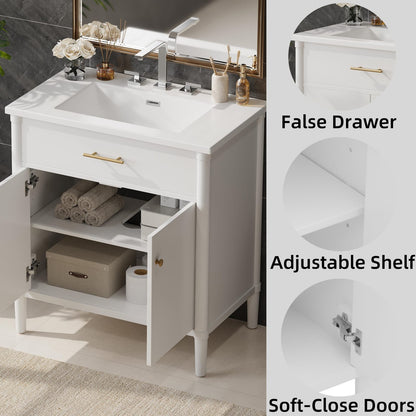 30 Inch White Bathroom Vanity with Sink - MDF & Rubber Wood
