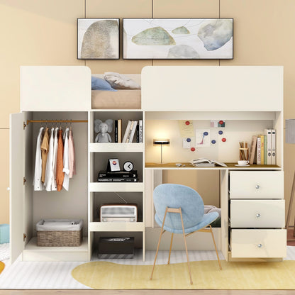 Full Size Bed Frame with Wardrobe & Desk - Beige Wood for Bedroom