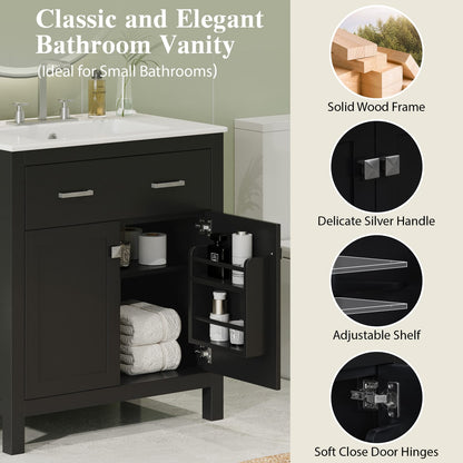 30" Black Bathroom Vanity with Ceramic Sink & Storage