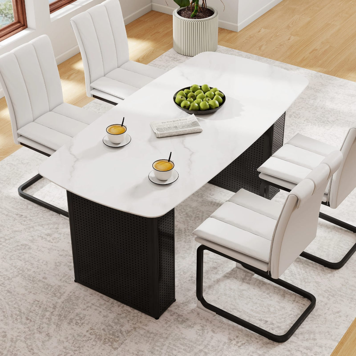 Black Tempered Glass Dining Table with Marble Pattern, Black Metal Legs