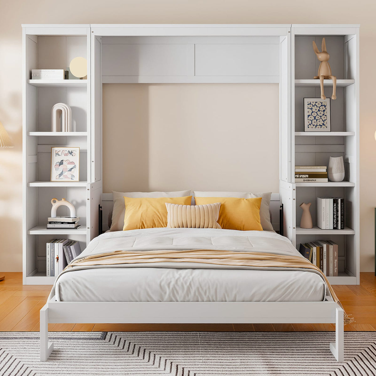 Queen Size Murphy Bed with Desk & Bookshelf - White for Bedroom