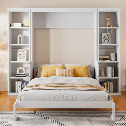 Queen Size Murphy Bed with Desk & Bookshelf - White for Bedroom