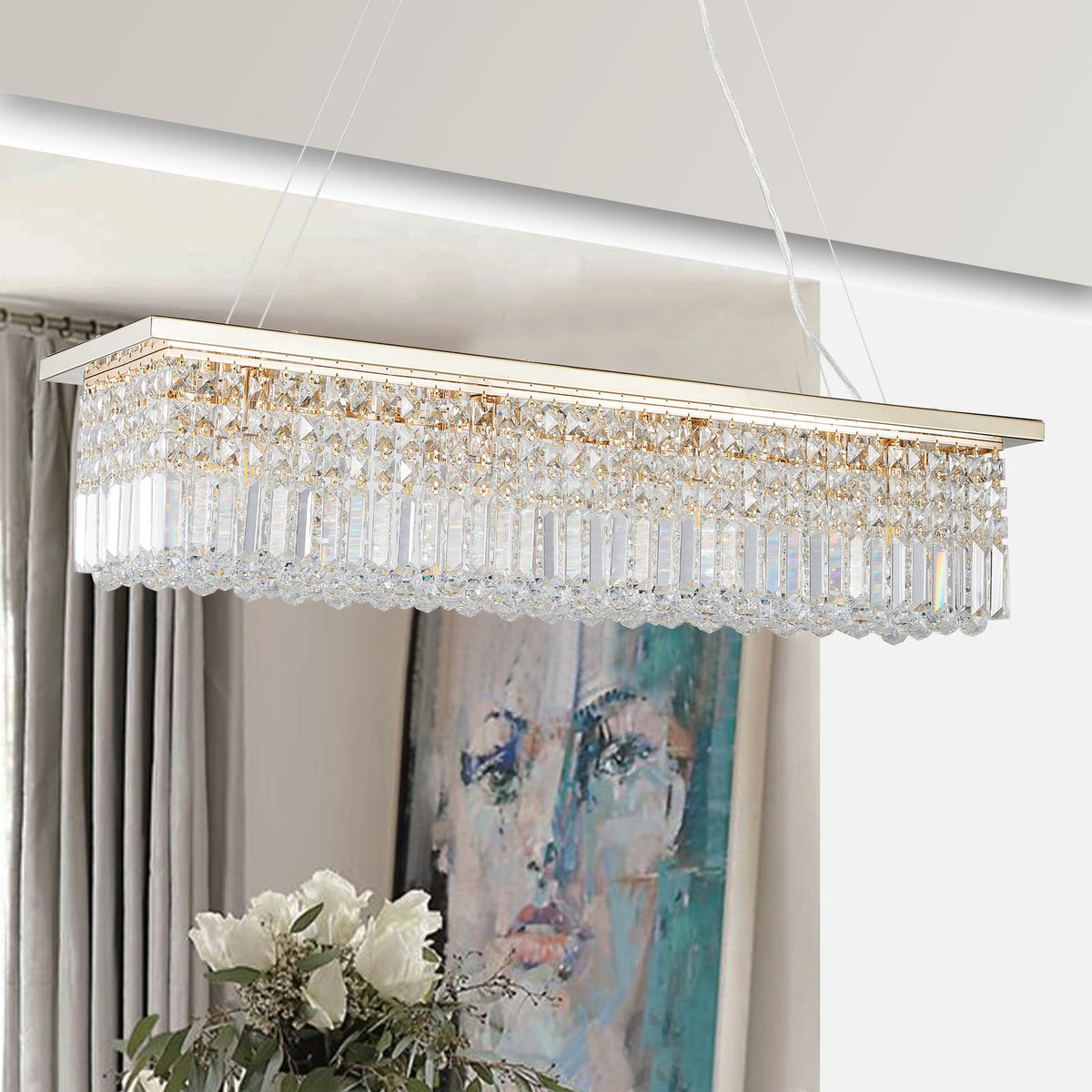 Gold Rectangle Chandelier - Modern Raindrop Lighting