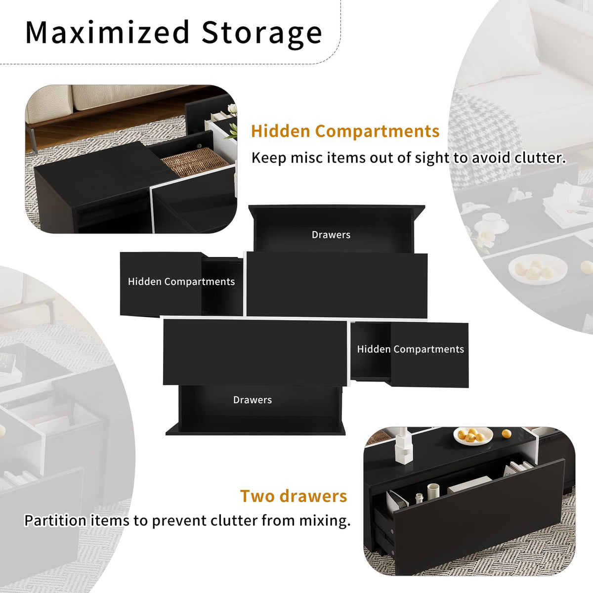 Black MDF Coffee Table with Storage Drawers for Living Room