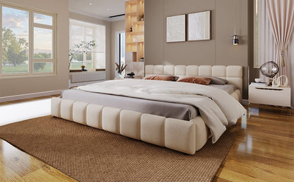Beige Chenille Upholstered Queen Bed Frame with Checkerboard Design for Bedroom