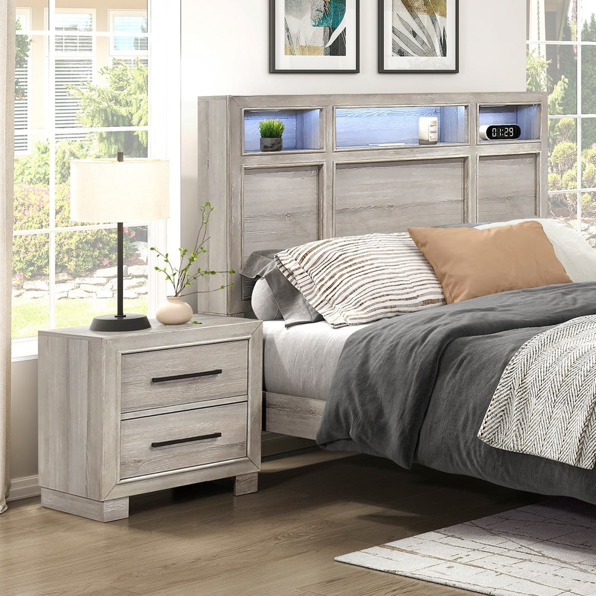 Modern Gray Finish Two-Drawer Nightstand - Wooden Bedroom Furniture