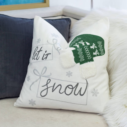 Let It Snow Christmas Throw Pillow 20x20" Square Cotton Cushion with Green Knit