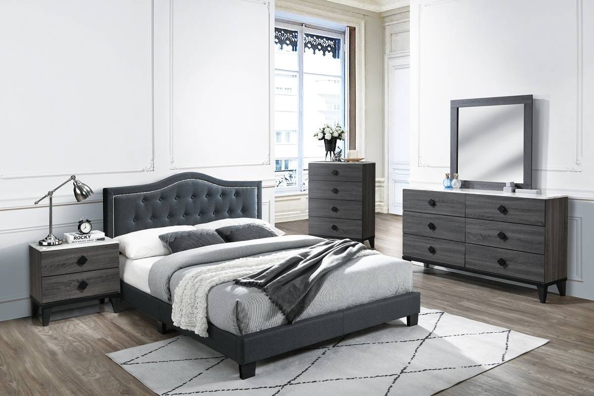 Queen Burlap Charcoal European Bed Frame with Tufted Headboard for Bedroom