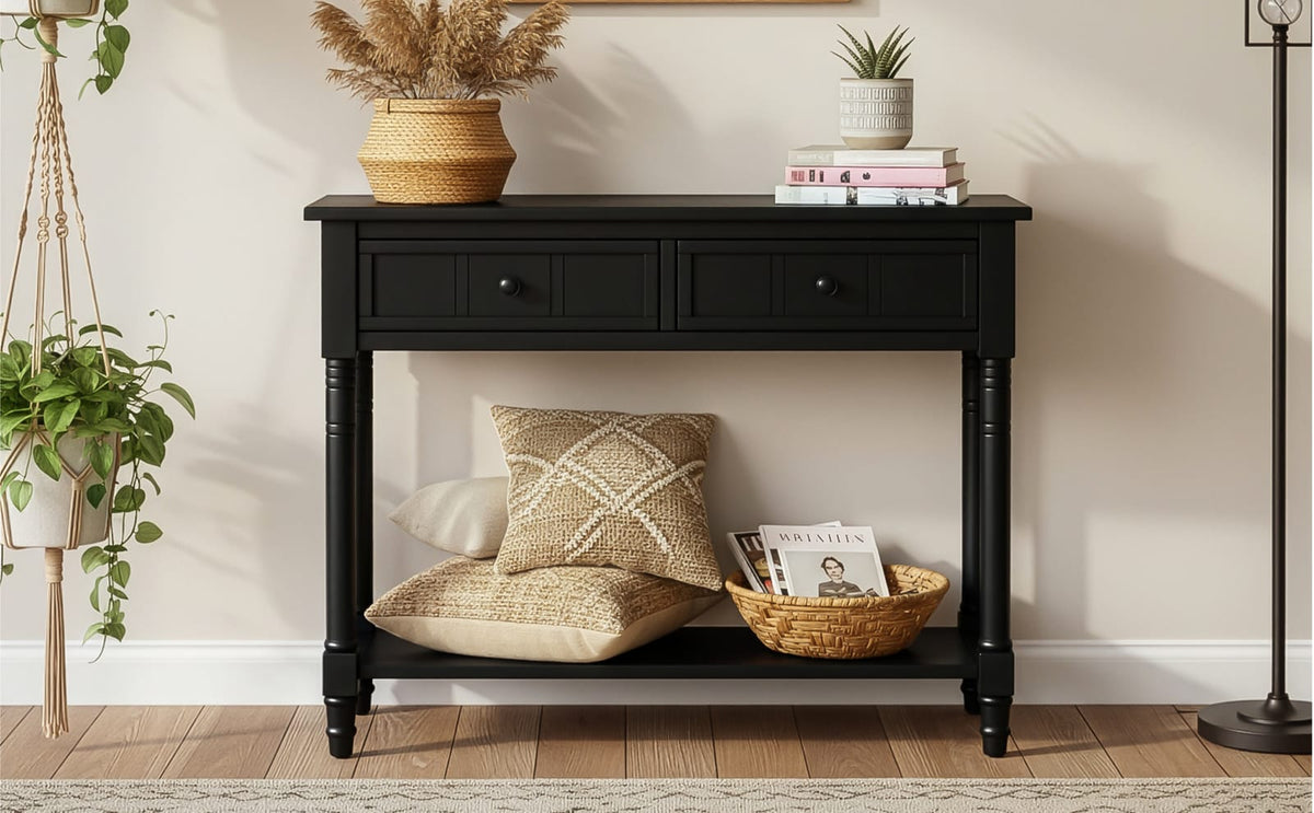 Black Solid Wood Console Table - 35.5" Entryway Table
