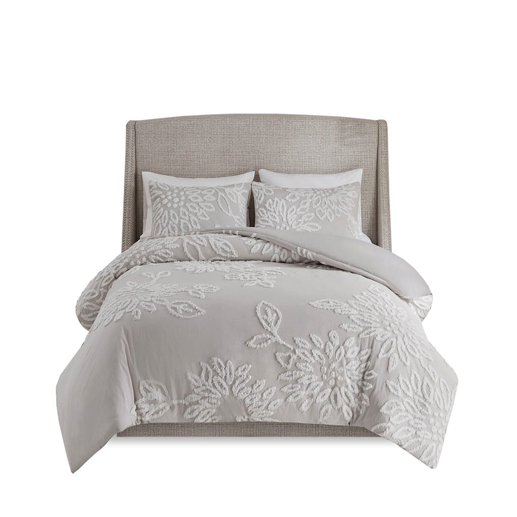 Queen Grey Cotton Chenille Duvet Cover Set - Floral Tufted