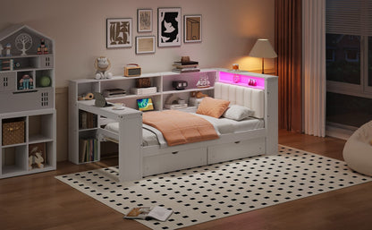 Twin Size Beige+White Wood Platform Bed with Storage