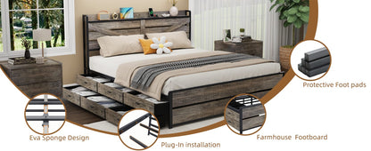 Queen Bed Frame with Storage Headboard - Metal & Oak