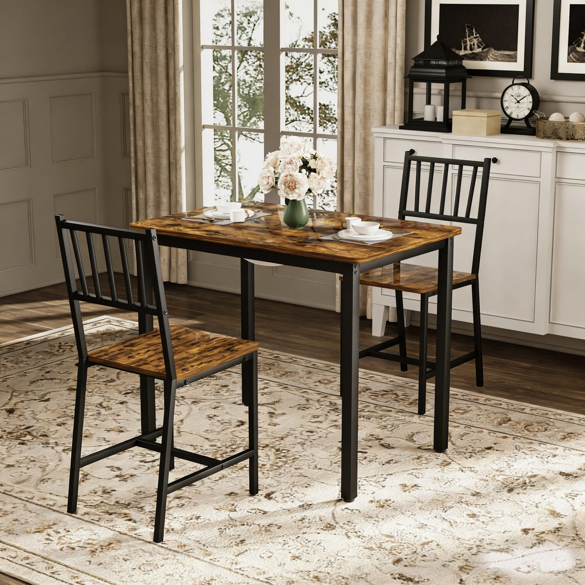 Rustic Brown Dining Table Set - 3 Piece Kitchen Table with Chairs for Dining Room