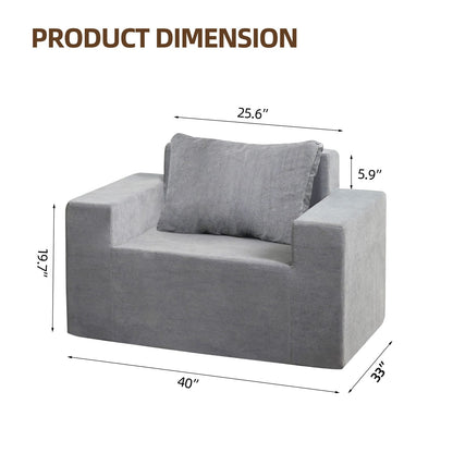 Grey Foam Sofa Couch with Pillow - Boxed Bean Bag for Living Room