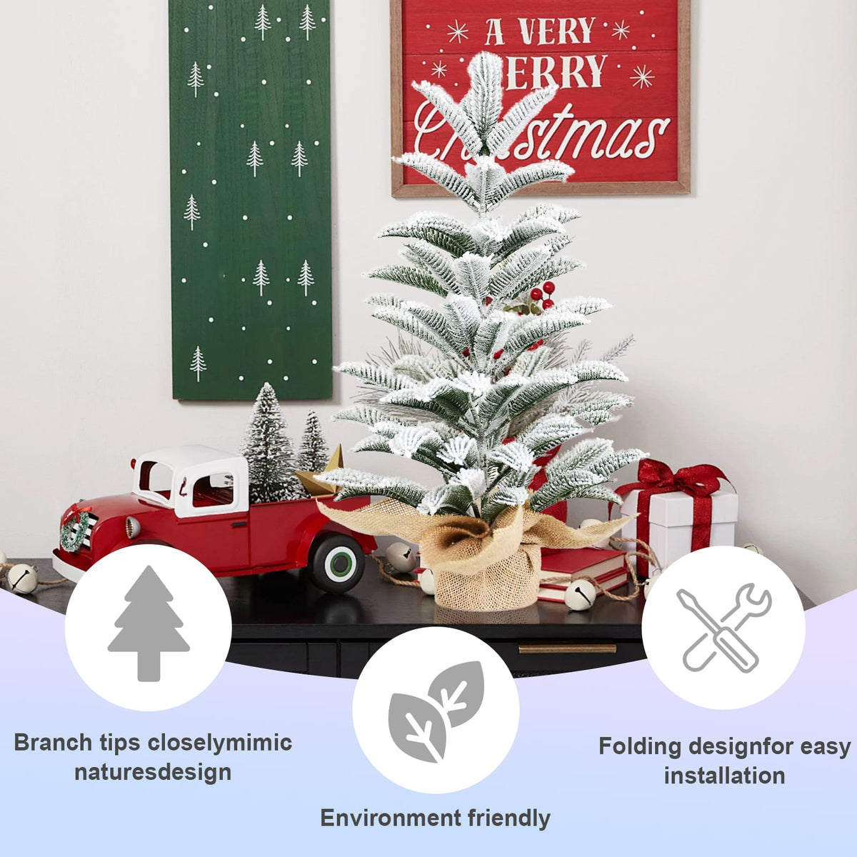 50cm Flocked Tabletop Christmas Tree - White+Green PE Mini Tree with Burlap Base