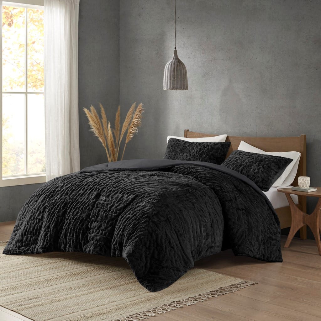 Queen Ruched Fur Comforter Set - Black Polyester