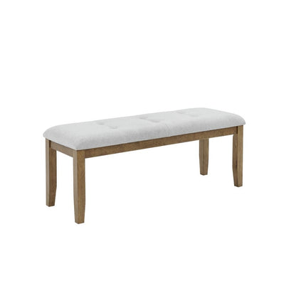 Brown Oak Dining Bench with Light Gray Fabric and Tufting