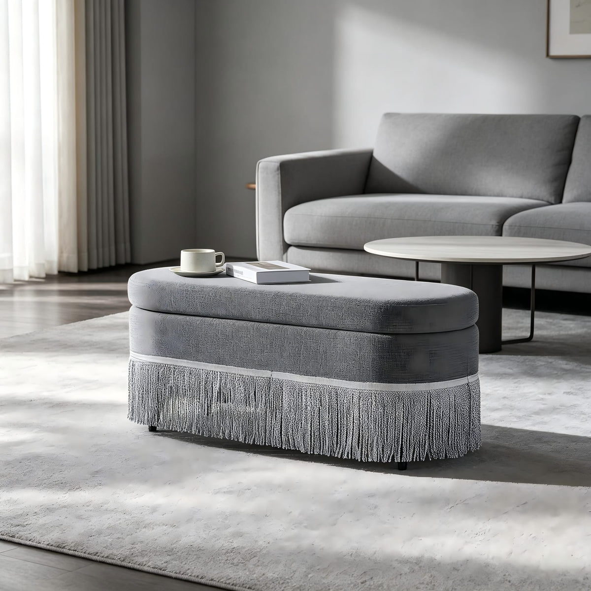 Grey Foam & Metal Storage Ottoman - Lift Top, Hidden Storage for Living Room