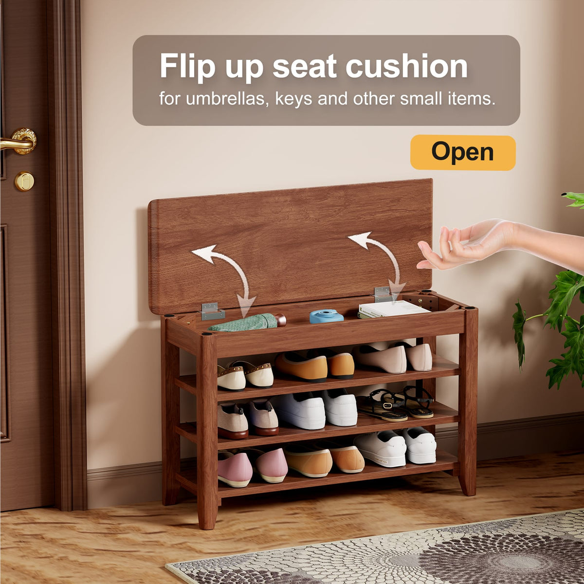Walnut Solid Wood Shoe Storage Bench with Hidden Storage for Living Room