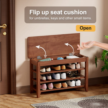 Walnut Solid Wood Shoe Storage Bench with Hidden Storage for Living Room