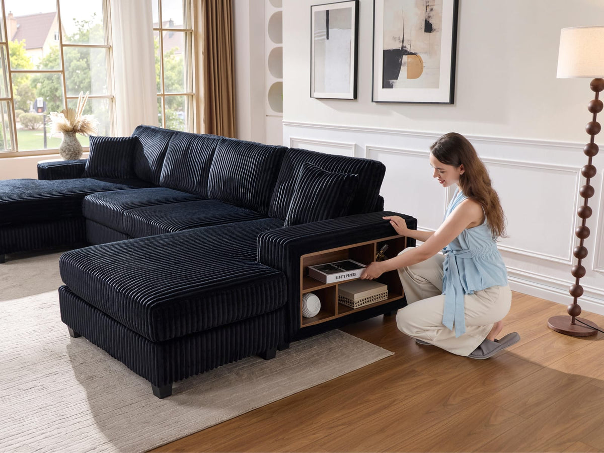 Black Wood Sectional Sofa - 2 Seat for Living Room Apartments