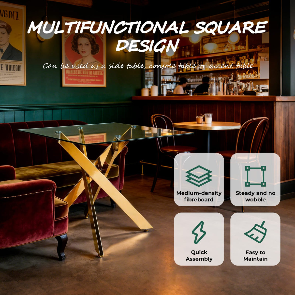 Dining Table with Golden Legs - Modern Glass Top, 90x90cm