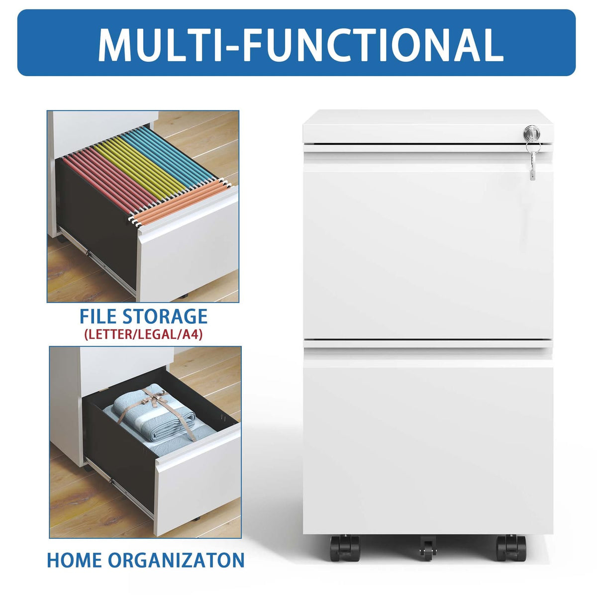 2 Drawer Mobile File Cabinet - Antique White Filing Cabinets for Home Office