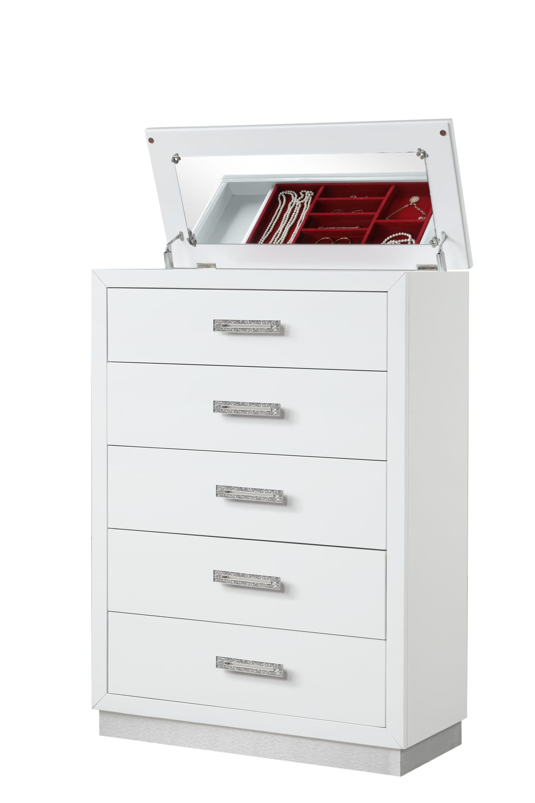 Modern White Dresser with 5 Drawers & Mirror Lid