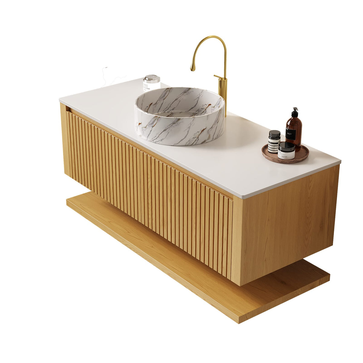 47.6 Inch Golden Oak Wall-Mounted Bathroom Vanity with Ceramic Basin