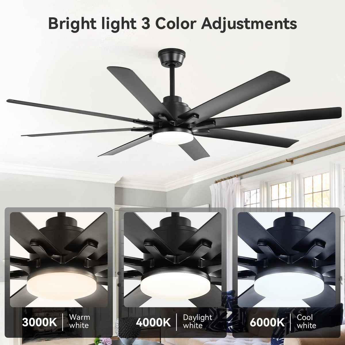 Modern 52-Inch Smart Ceiling Fan With Light - Black Blades