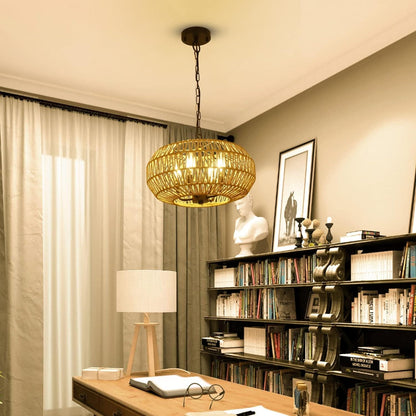 Farmhouse Rattan Pendant Lights - 4-Light Boho Chandelier