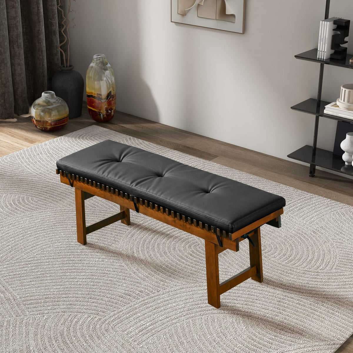Lucia Bench - Black PU Leather Mid-Century Modern for Bedroom