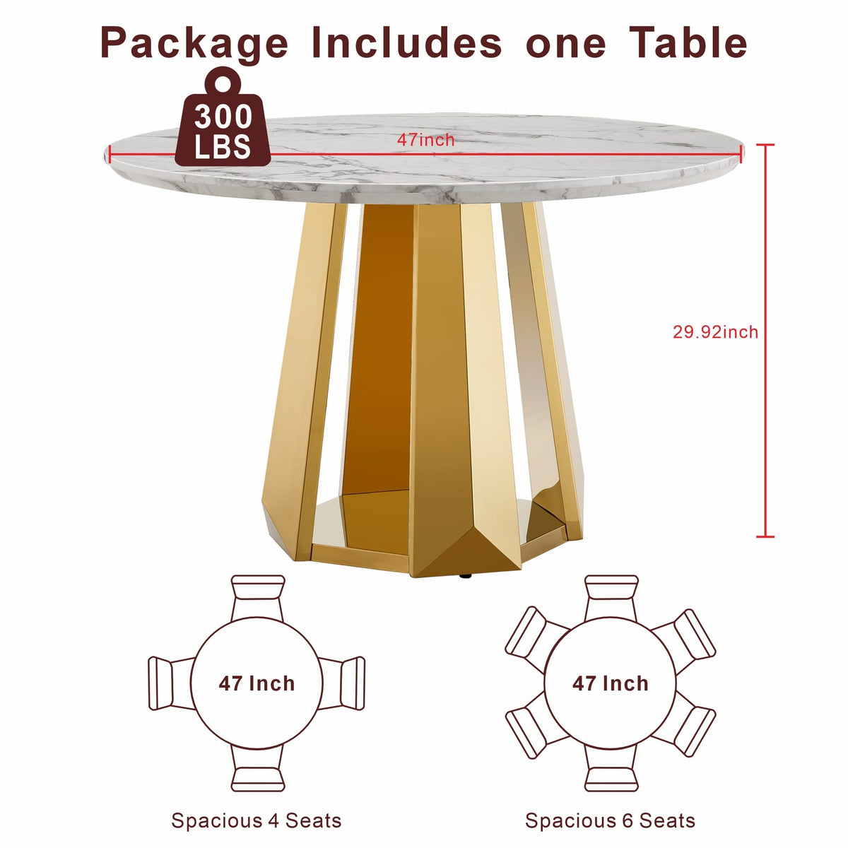 47 Inch Round Marble Dining Table - Gold White