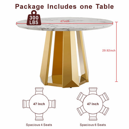 47 Inch Round Marble Dining Table - Gold White