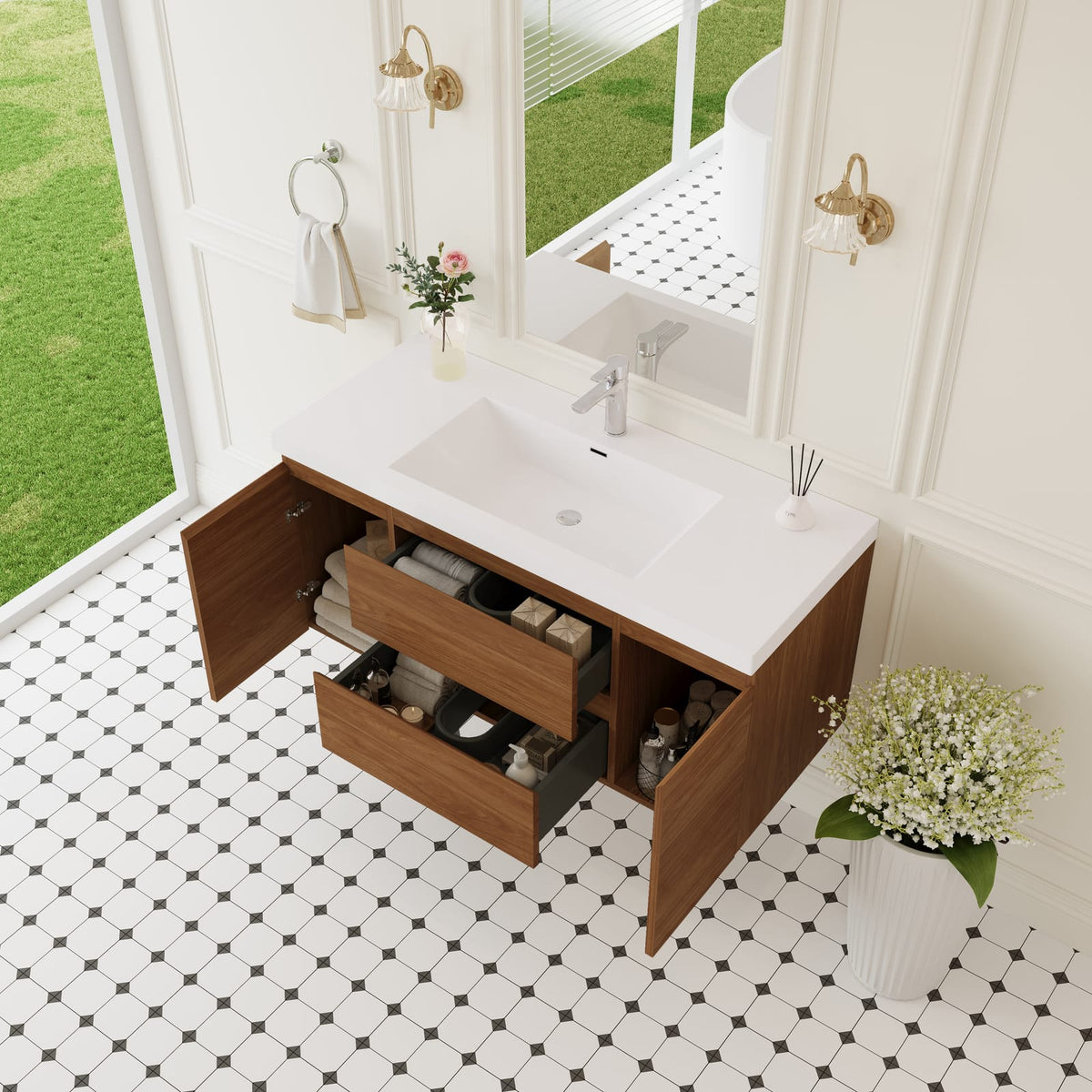 White Walnut Bathroom Vanity - Wall Mounted Storage Cabinet