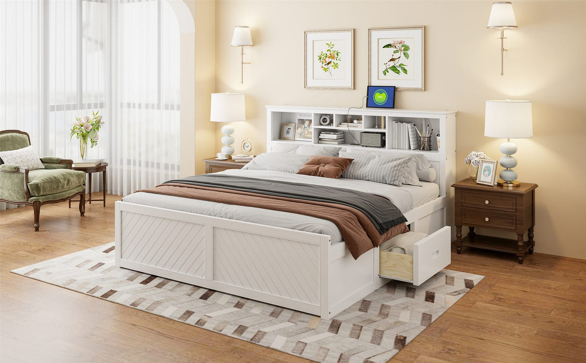 King Size White Wood Platform Bed Frame