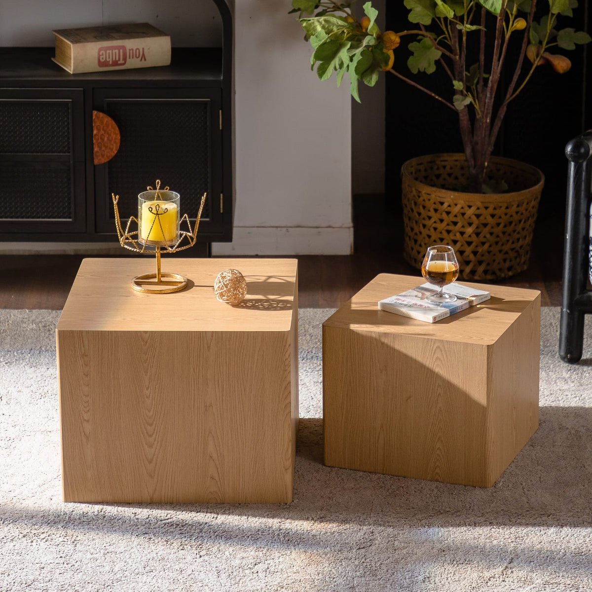 Living Room Set of 2 Natural Wood Nesting Cube Tables - Small Space Coffee Table Set