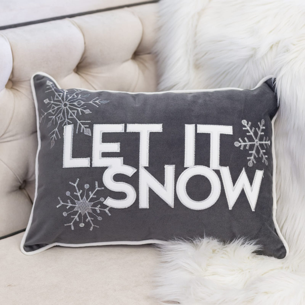Nneka Let It Snow Gray Velvet Lumbar Pillow with Insert 14x20