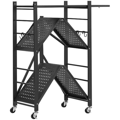 36 Inch Black Steel Folding Shelf with Wheels - 3 Tier Storage for Living Room