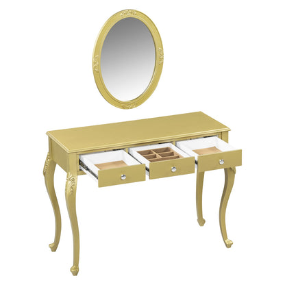 Gold Makeup Vanity Desk - 3 Drawers, Oval Mirror Storage