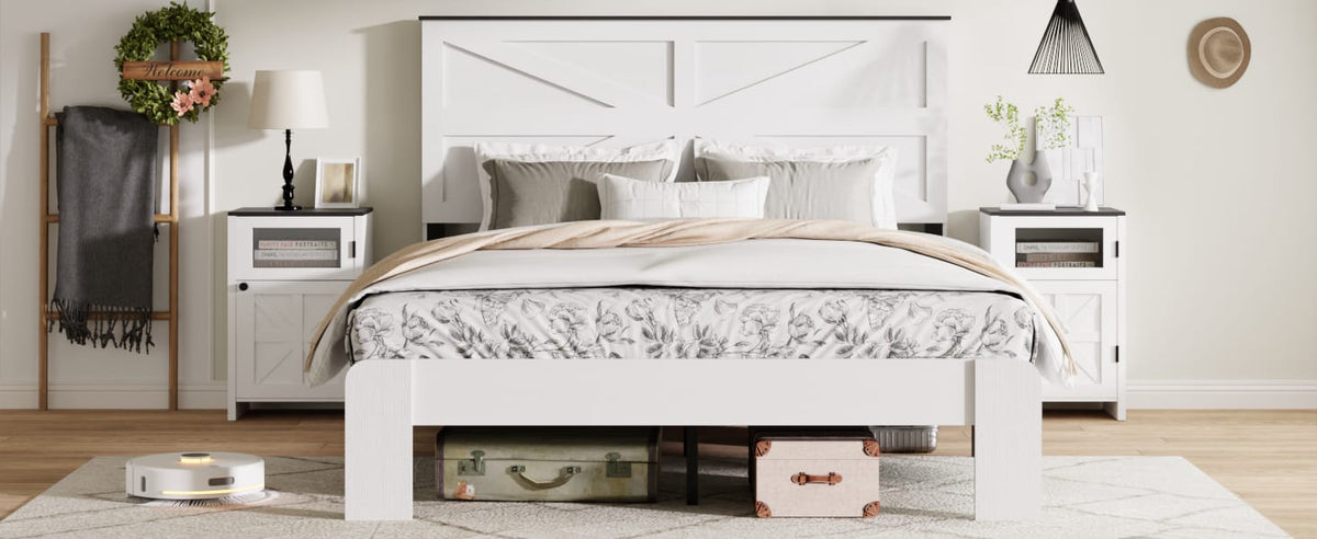 Queen Bed Frame Headboard - White Metal & Wood for Bedroom