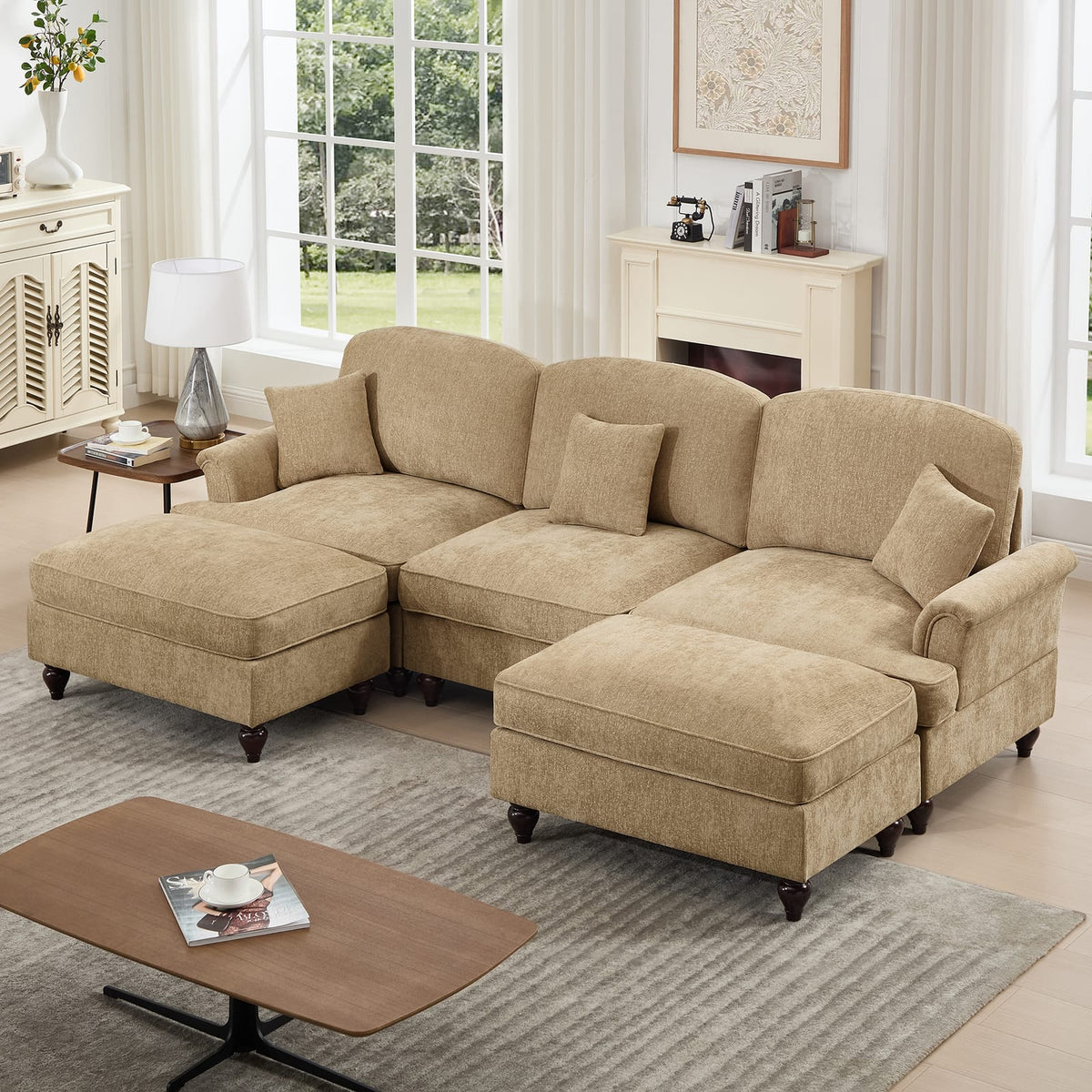 3 Seat Chenille Sectional Sofa - Light Coffee for Living Room