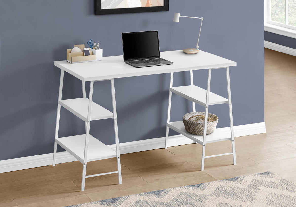 White Metal Computer Desk with Storage Shelves - 48" L