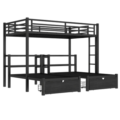 Triple Bunk Bed with Drawers - Black Metal Frame for Bedroom
