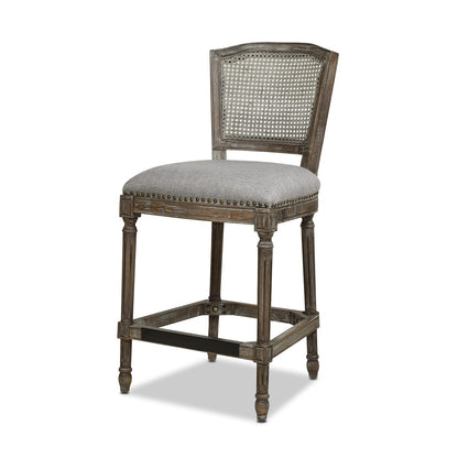 Gray Rattan Bar Stool - Wood & Fabric Comfort for Dining Room