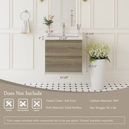 Grey Wood Bathroom Vanity with Sink - Wall Mounted Storage
