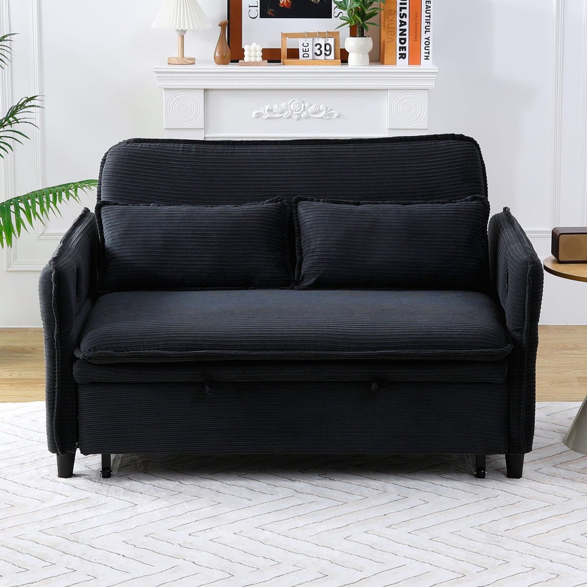 65.74" Black Corduroy Sofa Bed - Adjustable Comfort & Storage