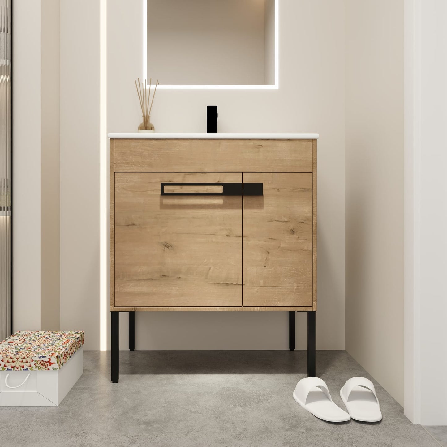 2-Door Imitative Oak Bathroom Vanity - Freestanding Storage