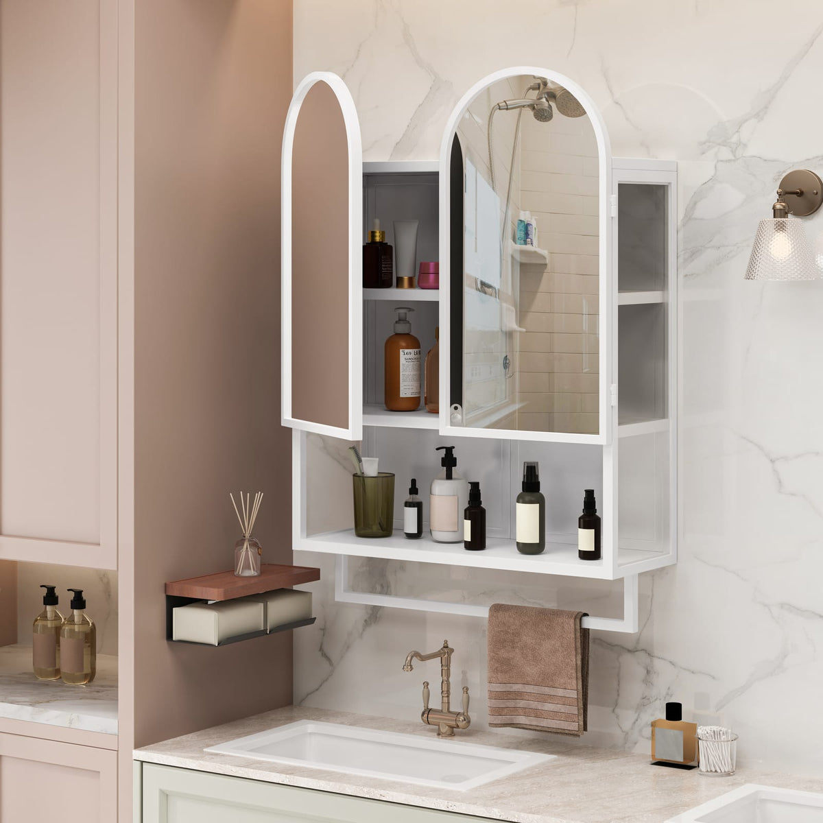 23.6" Modern Double-Arched Mirror Cabinet - White Bathroom Storage