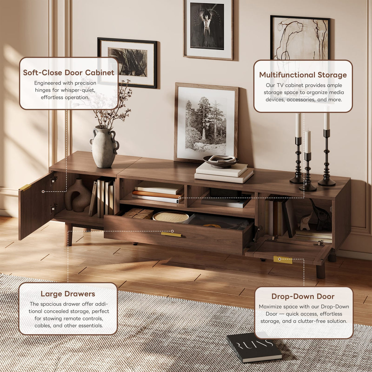 Dark Brown TV Stand with Storage - 75" TVs, Pine Wood